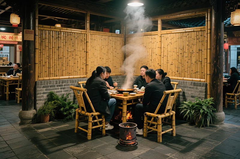 采用竹、木、青磚等傳統(tǒng)材質(zhì)的火鍋店裝修效果圖